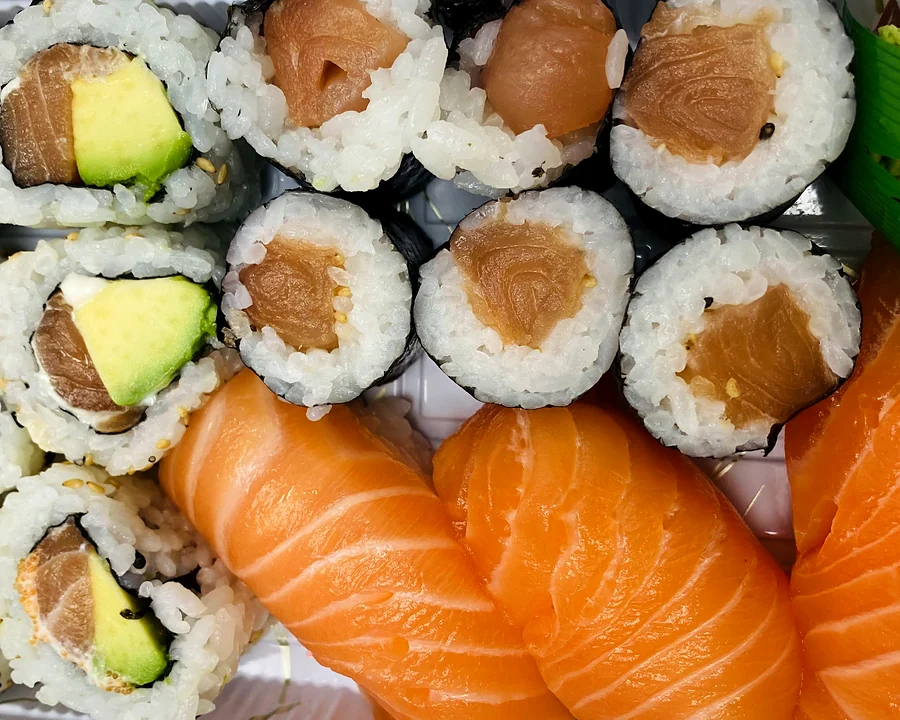 Salmon maki, salmon and avocado rolls and salmon nigiri at Hana Sushi, Winnipeg