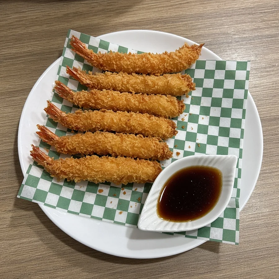 Six panko-fried shrimp with dipping sauce on checkered paper at Hana Sushi, Winnipeg